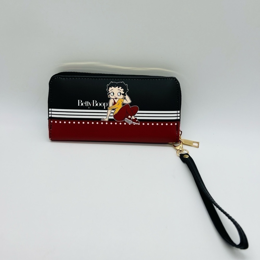 BETTY BOOP ZIP AROUND WRISTLET BLACK, RED AND GOLD HARDWARE